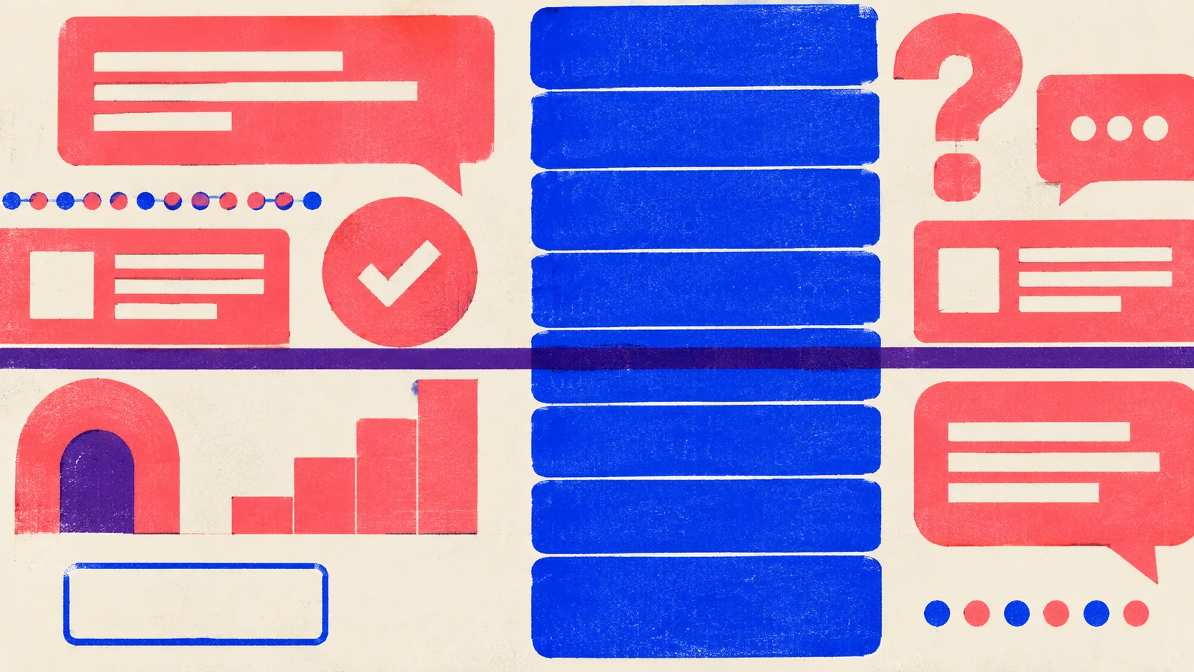 Editorial illustration: a tall stacked column of solid article slabs rising beside a single thin outlined slab, showing accumulated coverage against a one-post blog