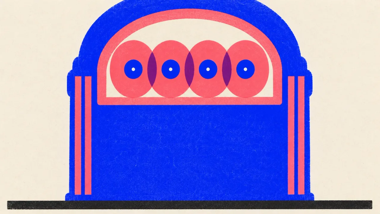 Editorial illustration: a jukebox holding four records, one for each post type that sells