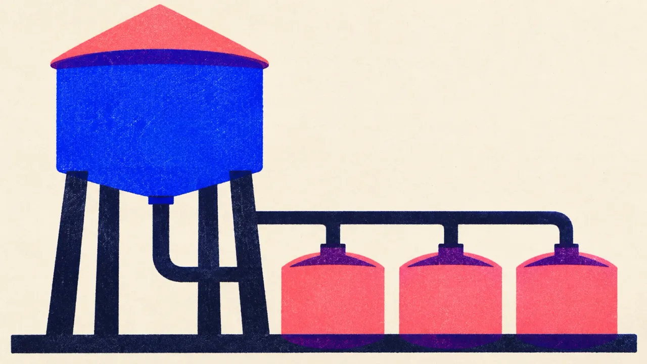 Editorial illustration: a water tower feeding three storage tanks through one pipe that splits three ways
