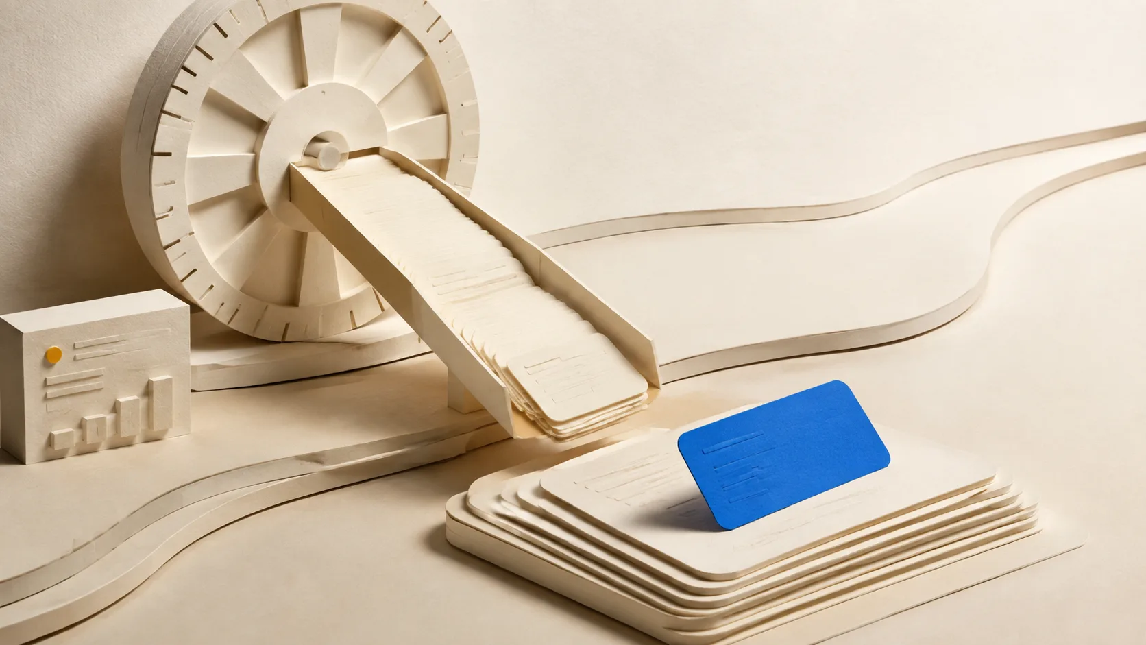Illustration of a scheduling wheel dropping a steady stack of article cards with no gate on the chute