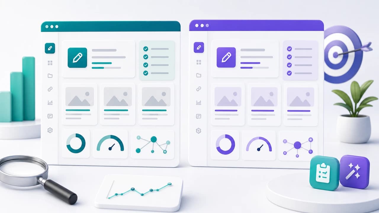 Illustration of an SEO publishing system with research, drafting, quality, and CMS checkpoints
