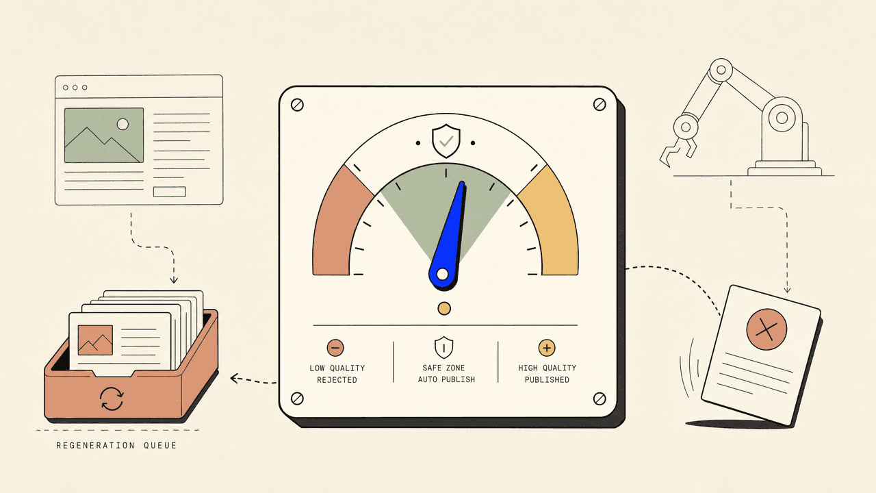 Illustration of an SEO publishing system with research, drafting, quality, and CMS checkpoints