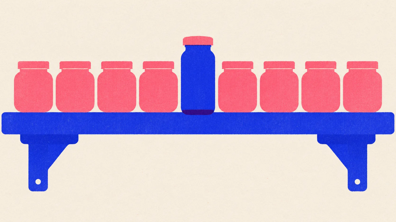 Editorial illustration: a shelf of identical coral jars with one taller cobalt jar of a different shape standing among them, showing the one article that is not like the rest