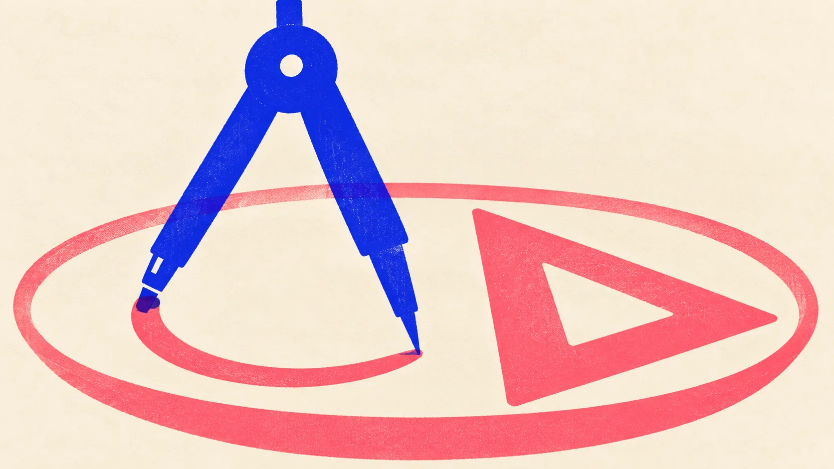 Editorial illustration: a large drafting compass drawing one clean arc beside a set square, showing the brief fixing the shape of an article before any drafting starts