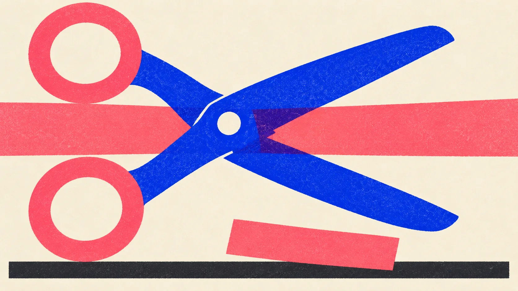 Editorial illustration: a large pair of scissors cutting a long ribbon with one short piece already fallen away, showing the hand edit removing what does not belong
