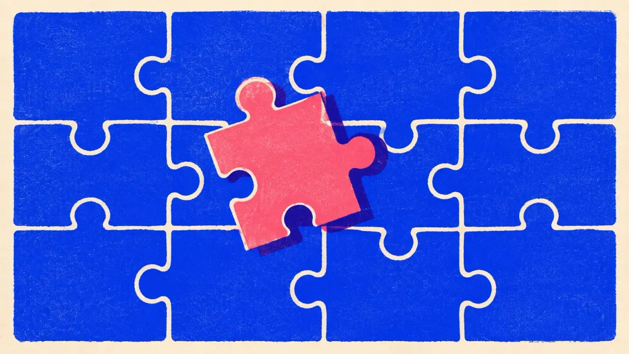 Editorial illustration: one large solid puzzle panel with a single coral piece forced into a slot it does not fit, showing an invented figure sitting inside otherwise sound work