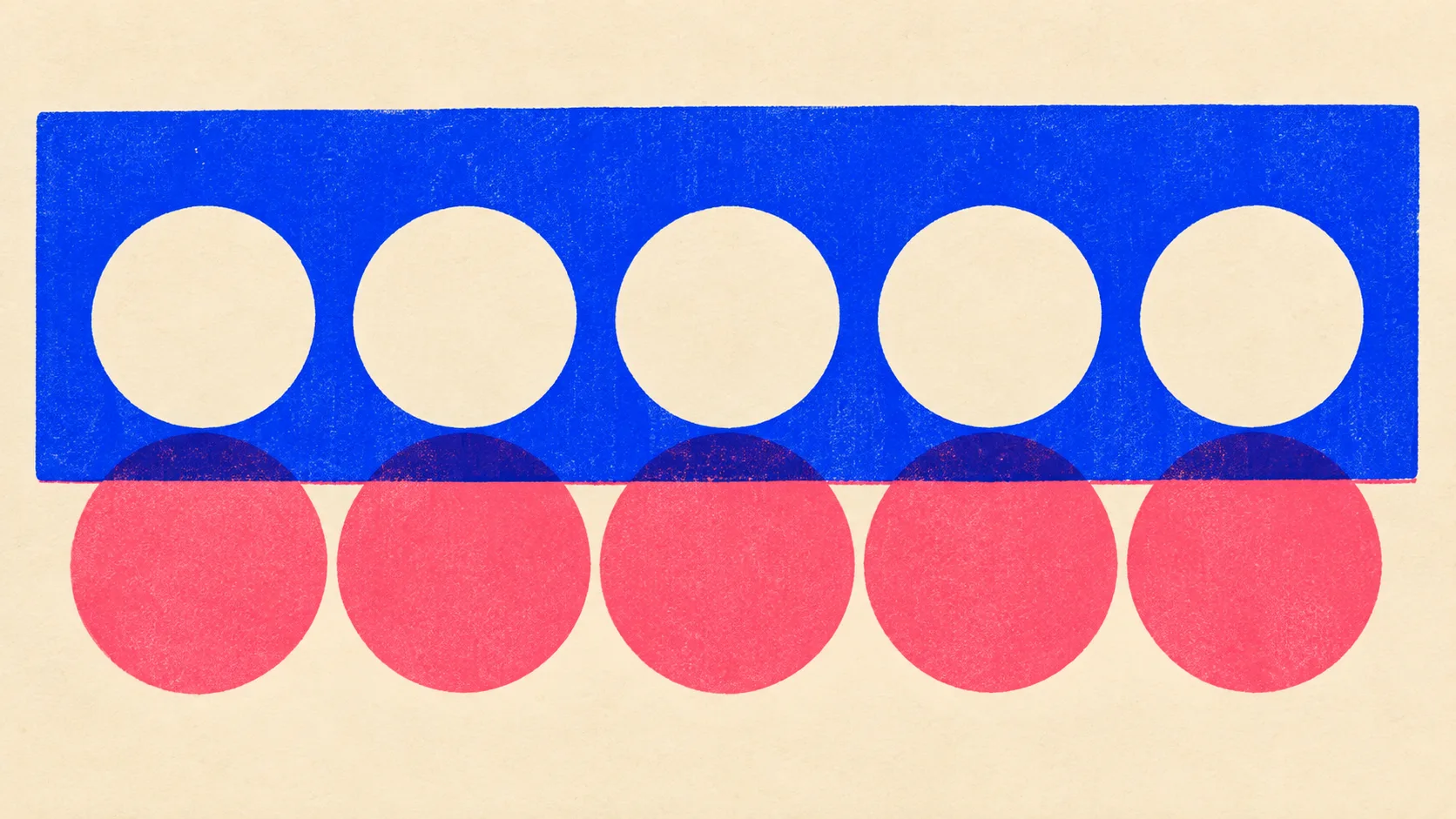 Editorial illustration: one heavy stencil plate with cut-out shapes printing identical marks onto the paper beneath it, showing a reusable prompt producing the same shape of output every time