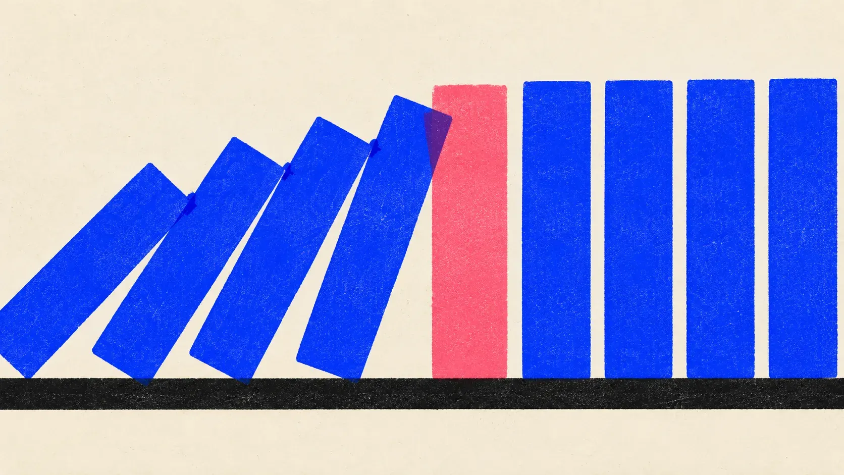 Editorial illustration: a row of upright blank slabs toppling in sequence and stopped by one solid block wedged between them, showing a human check halting an error before it reaches publish