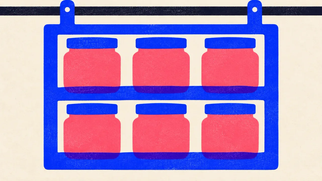 Editorial illustration: a wall spice rack holding six identical jars on two shelves, standing for one library of reusable prompts sorted by job