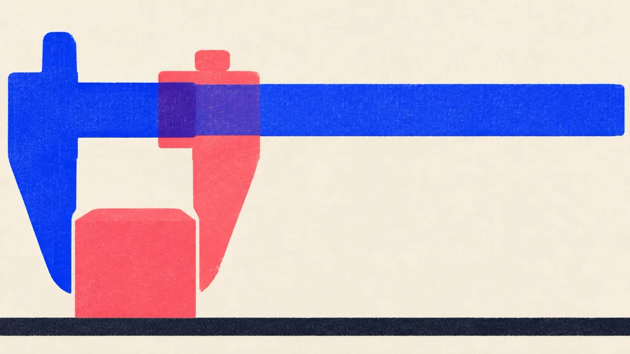 Editorial illustration: a vernier caliper closed on one cube, standing for the check line that measures every output before it ships
