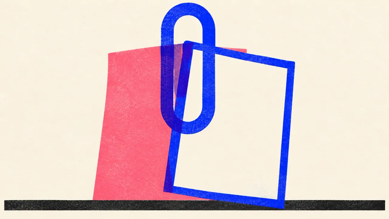 Editorial illustration: a giant paper clip holding two sheets together, standing for internal links joining two pages