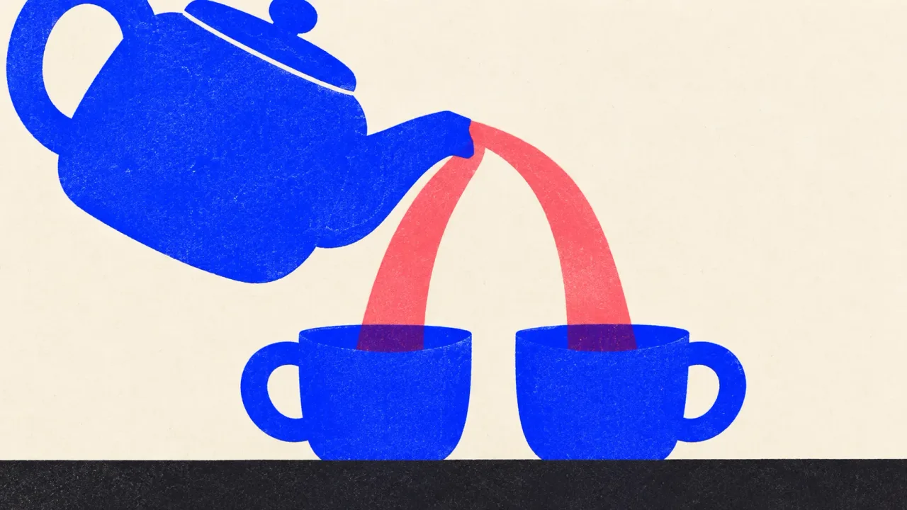 Editorial illustration: one teapot pouring into two identical teacups, standing for one brief run through two writing tools