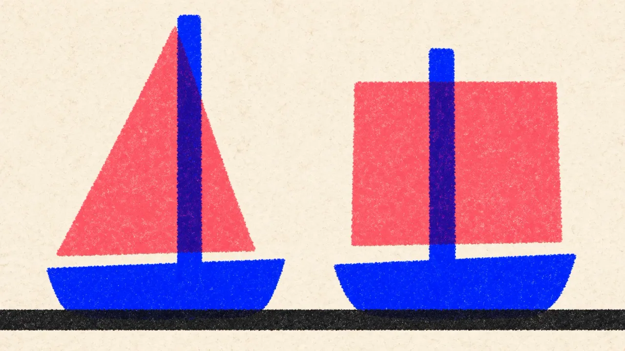 Editorial illustration: two sailboats with differently shaped sails on one waterline, standing for each tool suiting a different writing job