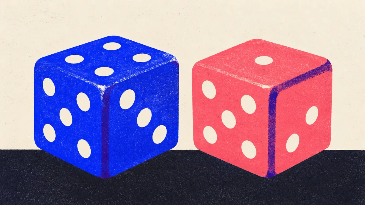 Editorial illustration: two dice showing different faces, standing for the same brief giving a different draft on every run