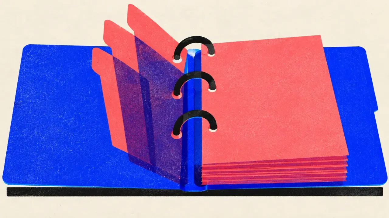 Editorial illustration: one open ring binder holding a thick stack of tabbed reference plates, standing for a Project that holds the brand, style, and product documents every draft starts from