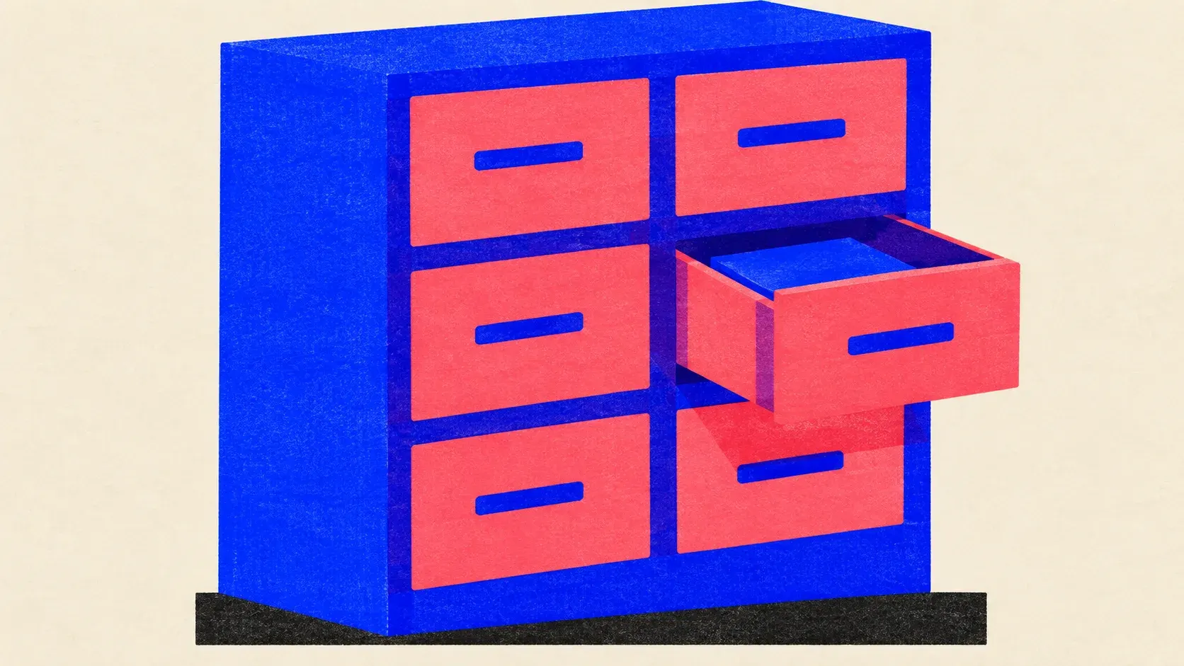 Editorial illustration: one tall tool cabinet with six drawers and one pulled open, standing for the separate setups, prompts, and checks a daily publishing program has to open one by one