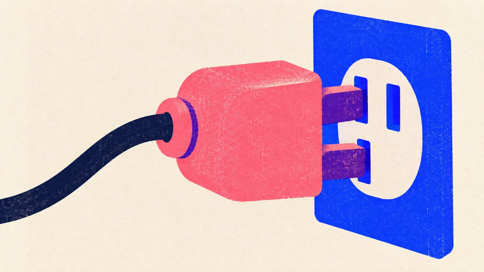 Editorial illustration: one heavy plug with a thick cable seating into a wall socket plate, standing for a connector that brings real search data into the conversation