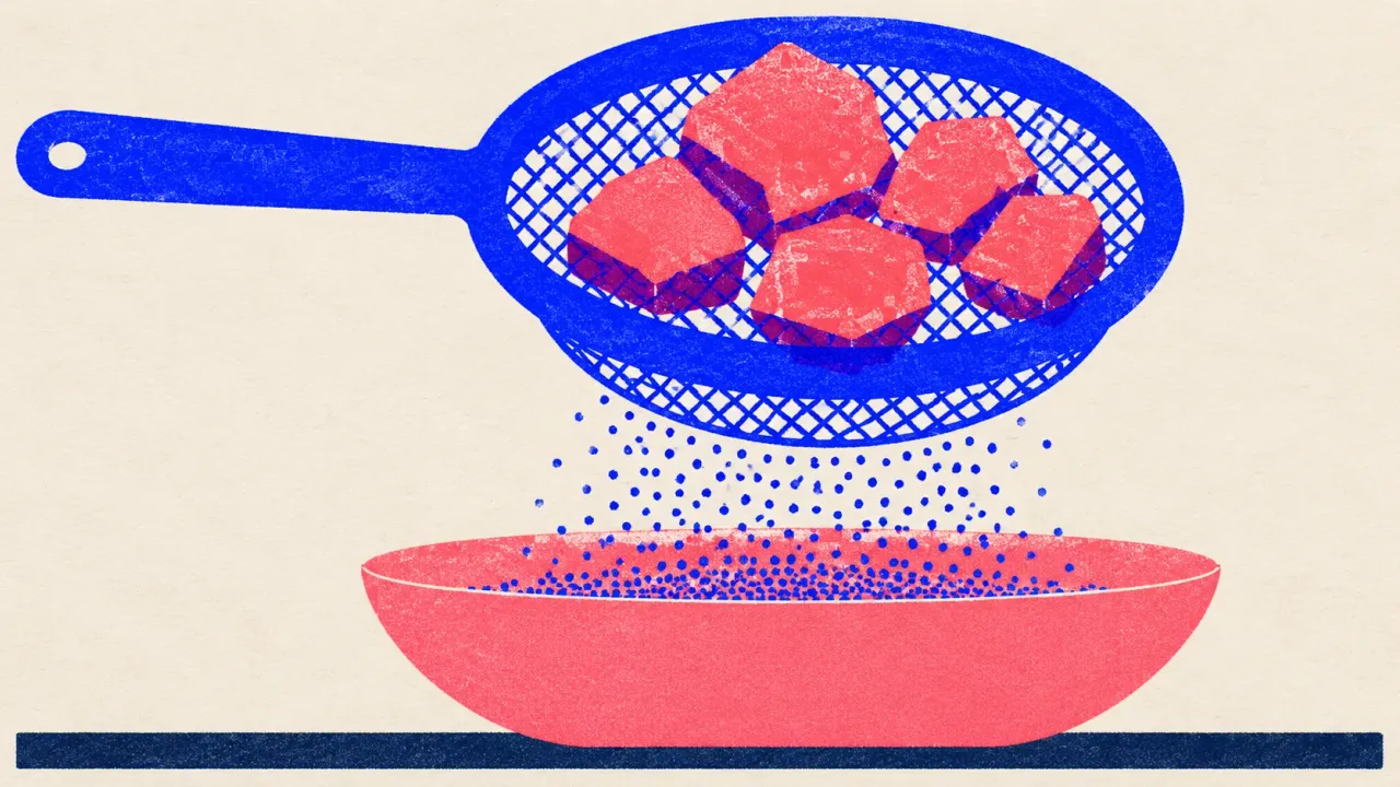Editorial illustration: a kitchen sieve holding back lumps while fine grains fall through, standing for filtering AI tells out of a draft