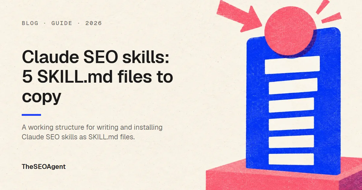Editorial cover image for a guide to Claude SEO skills with five SKILL.md files to copy
