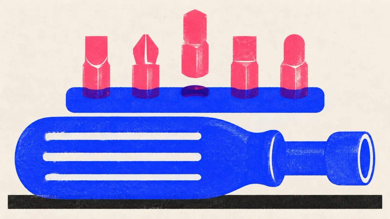 Editorial illustration: one screwdriver handle beside a strip of five interchangeable bits, with the middle bit lifted out, standing for one tool that loads only the skill a task needs