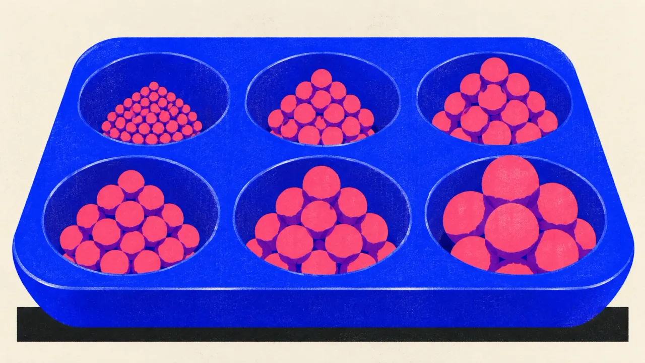 Editorial illustration: one muffin tin with six cups, each holding balls of a single matching size, standing for keywords sorted into clusters one page can rank for