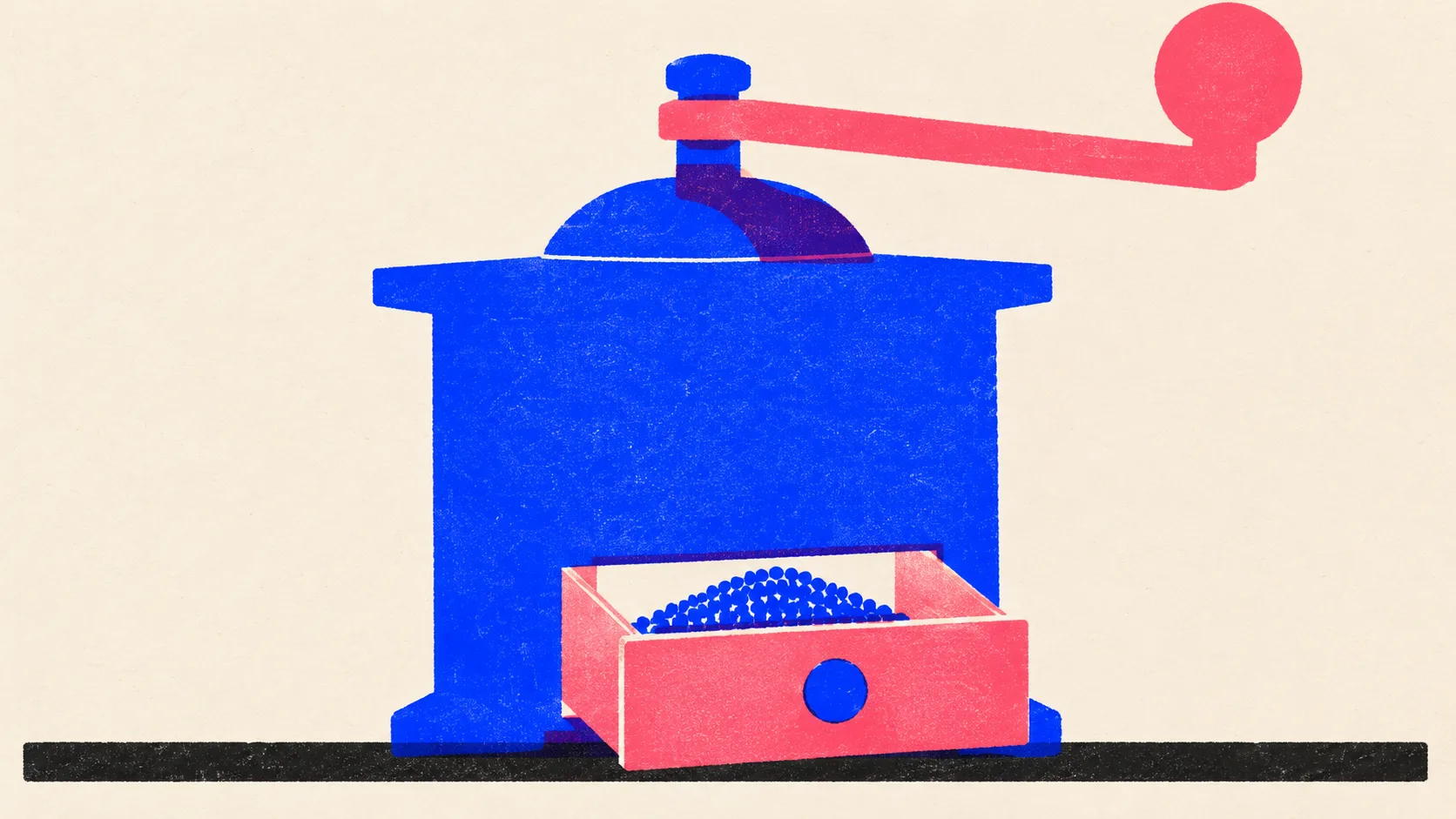 Editorial illustration: one hand-crank grinder with its drawer half open holding a single small batch, standing for a skill that produces one result each time someone turns the handle