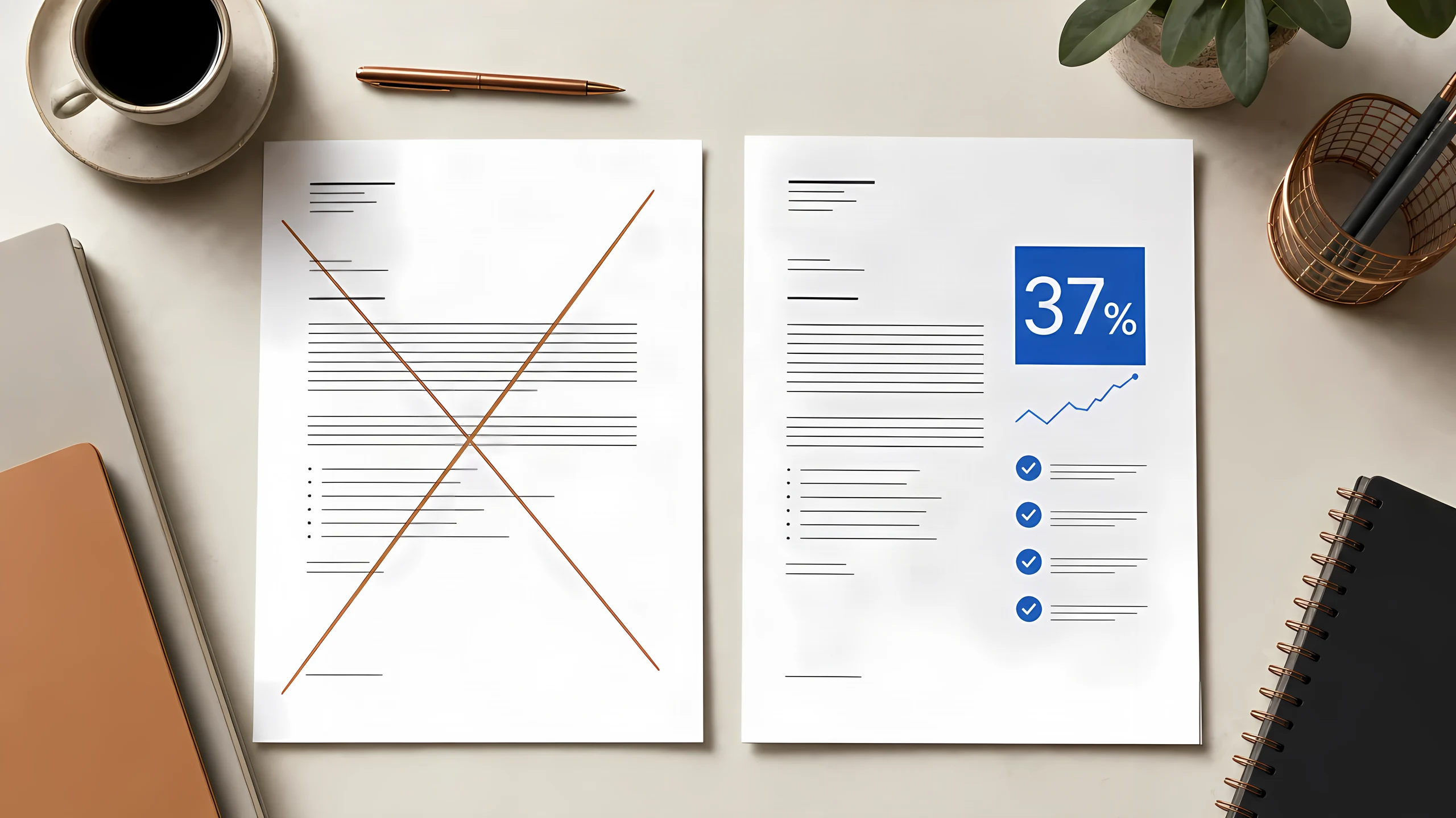 Editorial image: one weak cover letter draft crossed out beside a stronger draft with a 37 percent result block and checklist marks