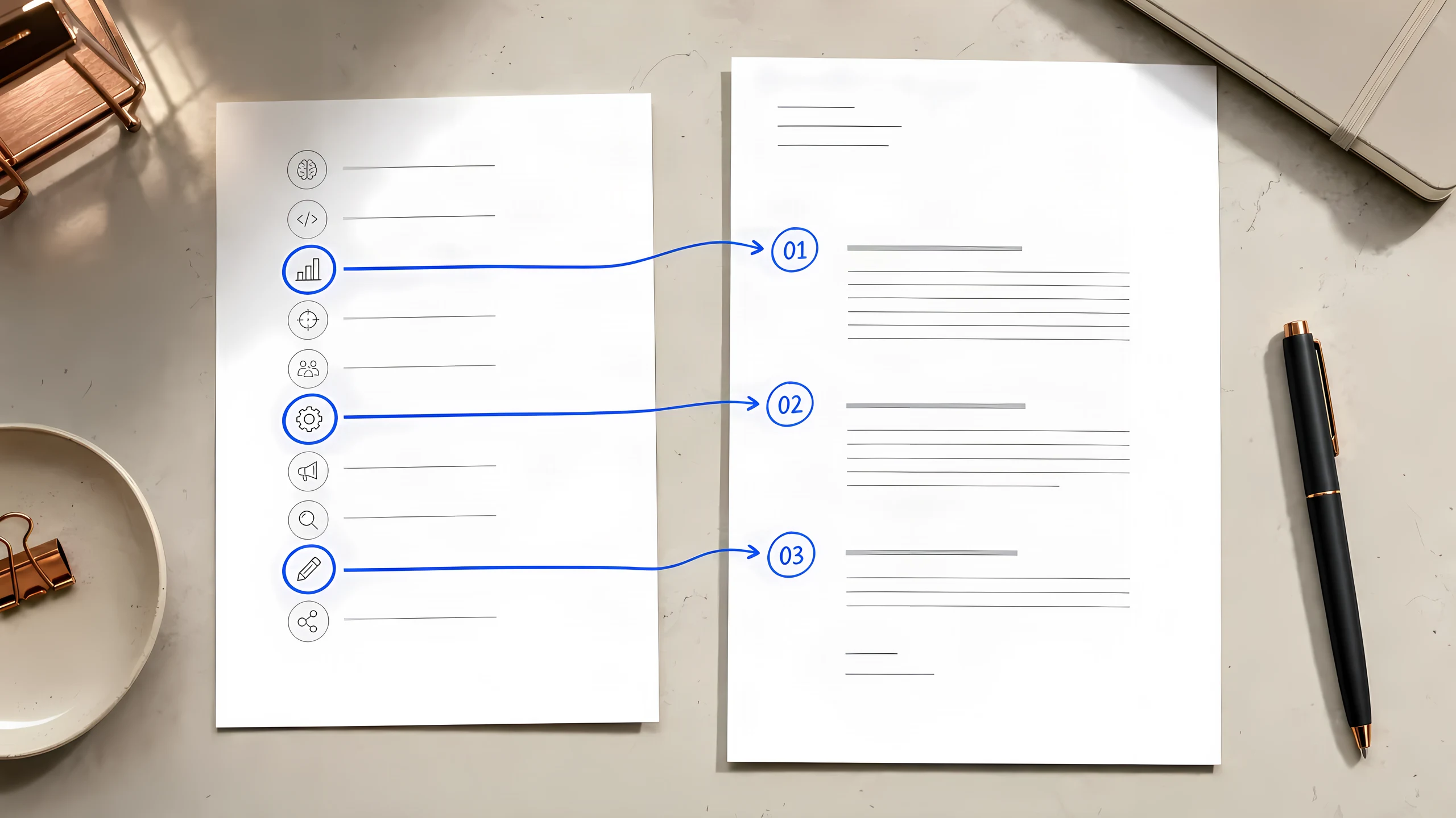 Editorial image: three selected skill rows flowing into a cover letter draft with cobalt numbered callouts