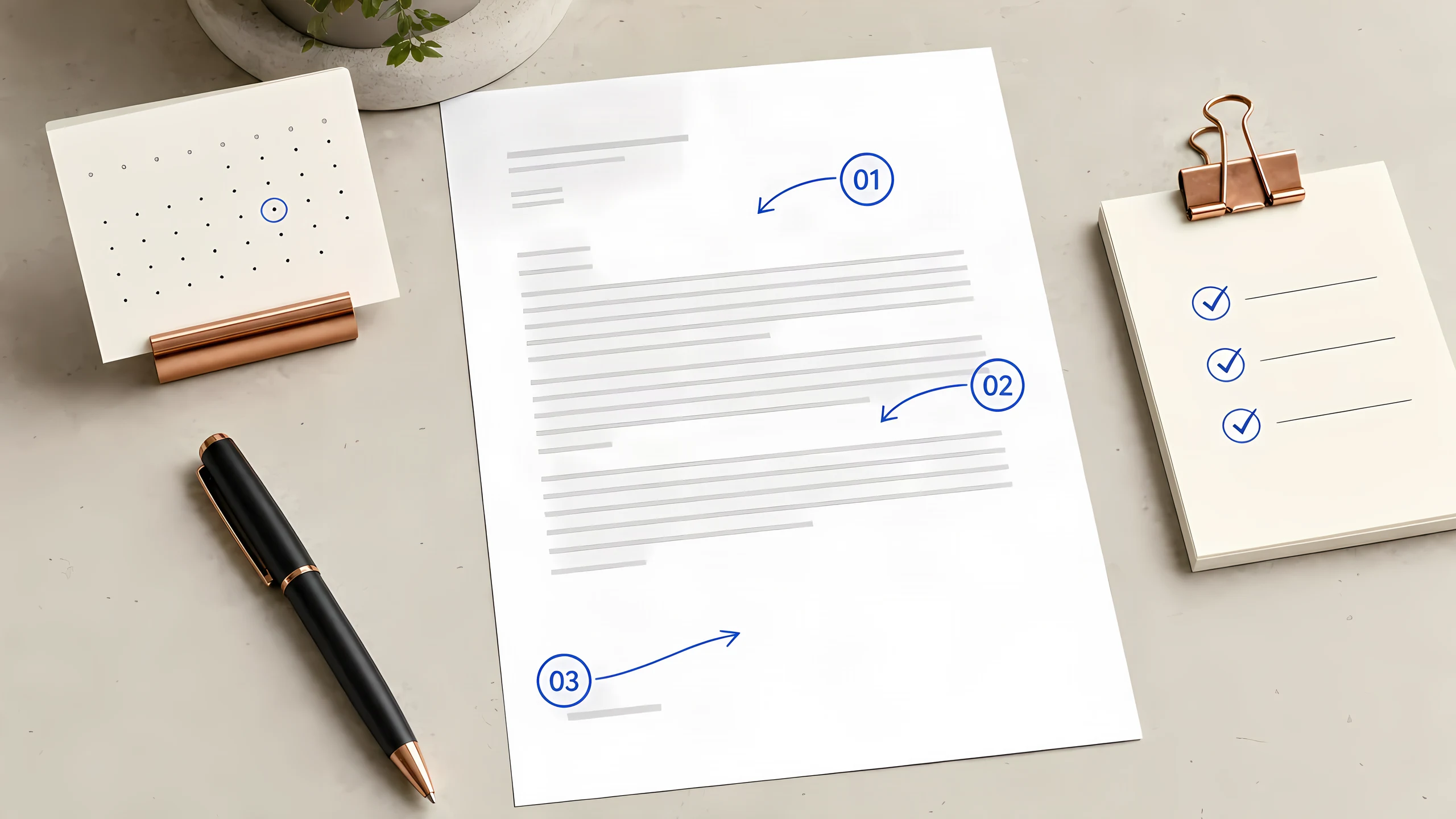 Editorial image: finished cover letter with three cobalt numbered callouts and a checklist beside it
