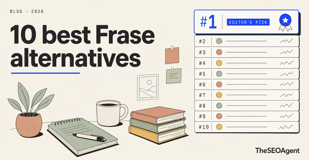 Editorial illustration comparing ten Frase alternatives across research, scoring, verification, and publishing