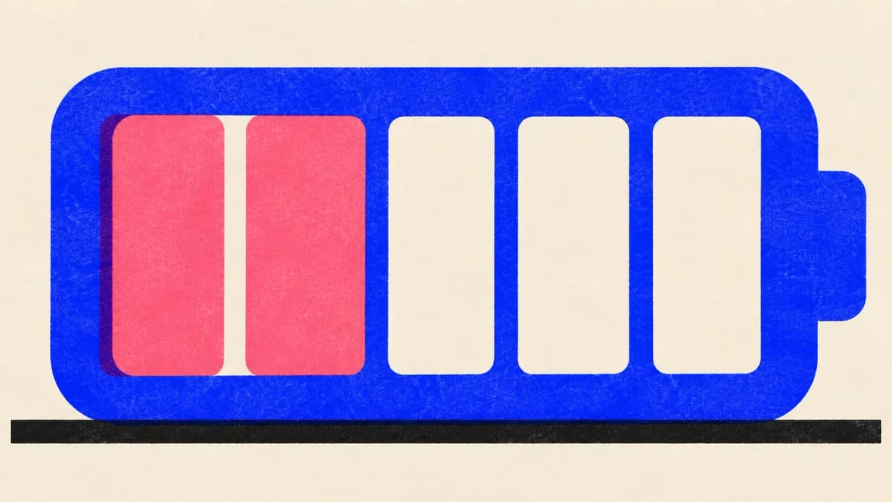 Editorial illustration: one large battery with two of its five cells filled, standing for the usage cap on a free assistant plan