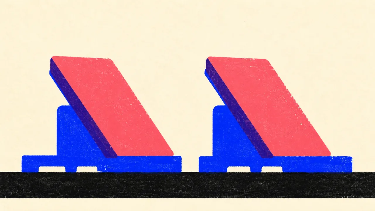 Editorial illustration: two identical sprint starting blocks on one start line, standing for one brief run through two writing tools