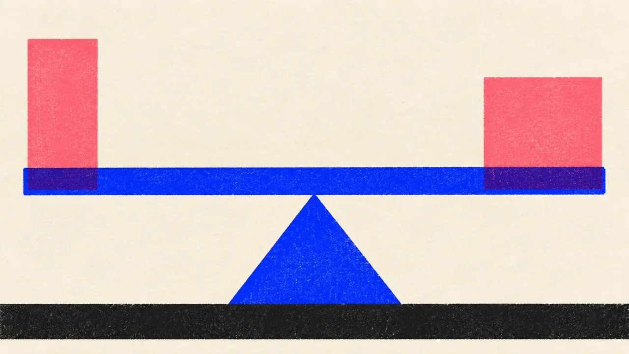Editorial illustration: a seesaw resting level with one block on each end, standing for each tool winning a different set of writing jobs