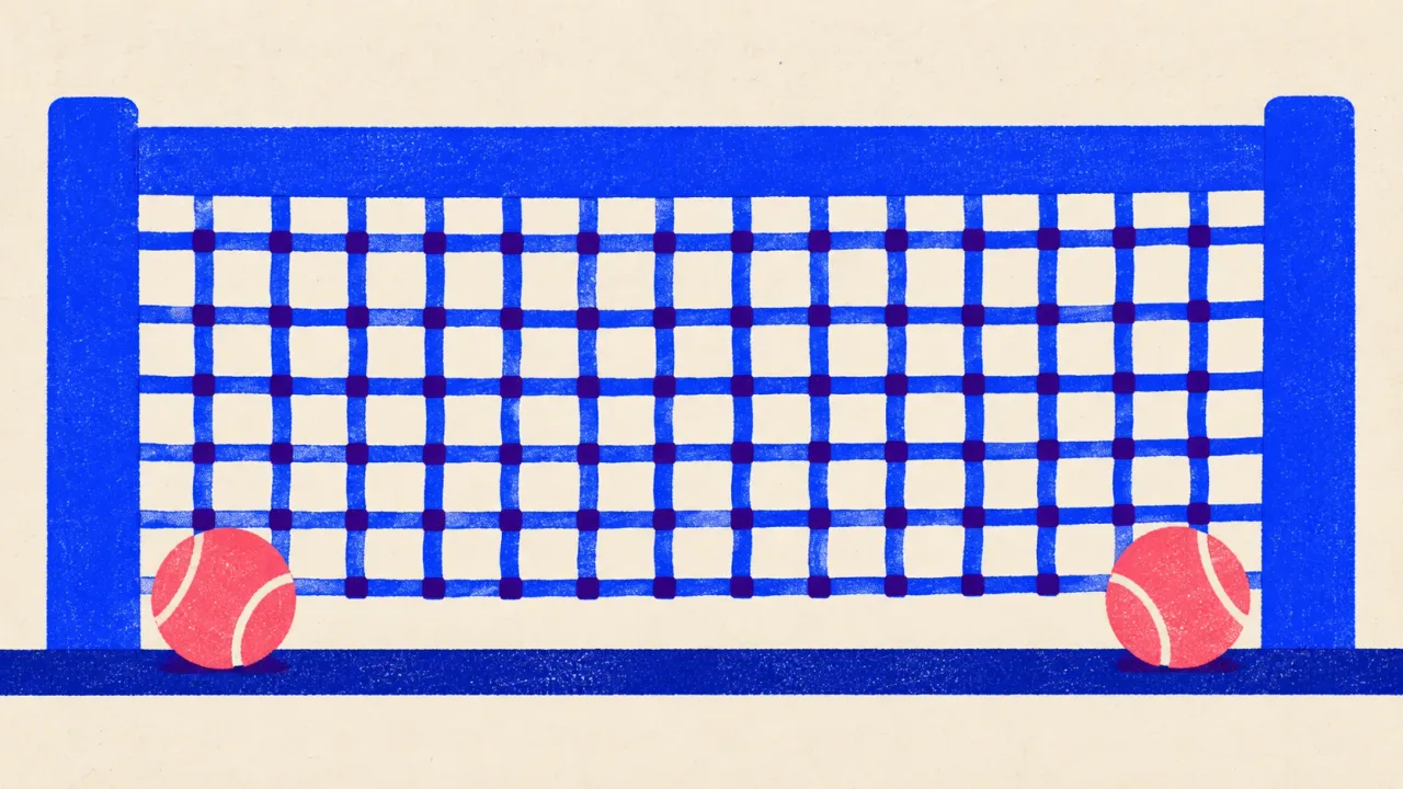 Editorial illustration: a tennis net with one ball on each side, standing for scoring two drafts head to head on the same checks