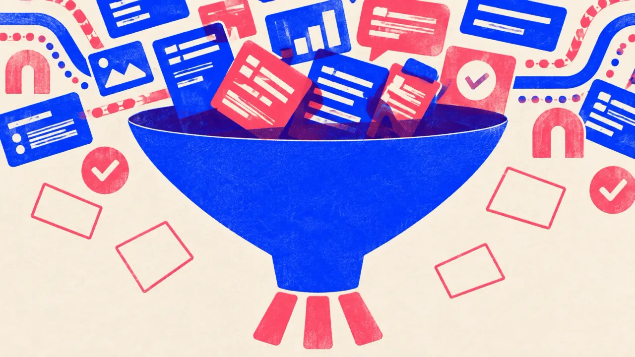 Editorial illustration: a wide spread of documents pouring into a funnel, with only three chips leaving the spout, showing how few retrieved sources survive into a generated answer