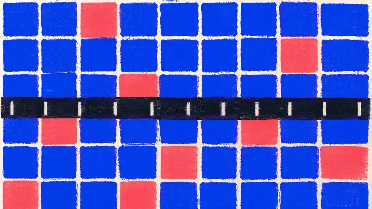 Editorial illustration: a grid of cells with a scattered handful filled in and a measuring bar laid across it, representing citation share sampled across a fixed prompt set