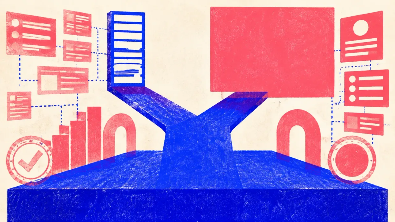 Editorial illustration: one foundation slab carrying two diverging rails, one ending in a stack of ranked result bars and one in a single answer panel