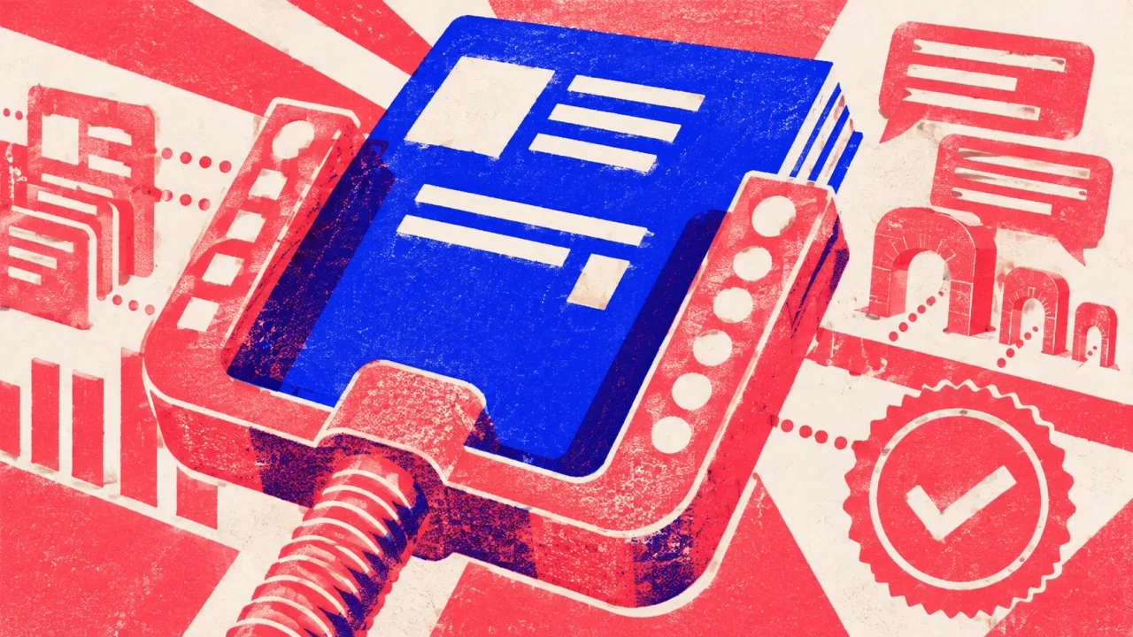 Editorial illustration: a single article slab clamped between a ranked-position stamp and a row of citation chips, one page serving both systems