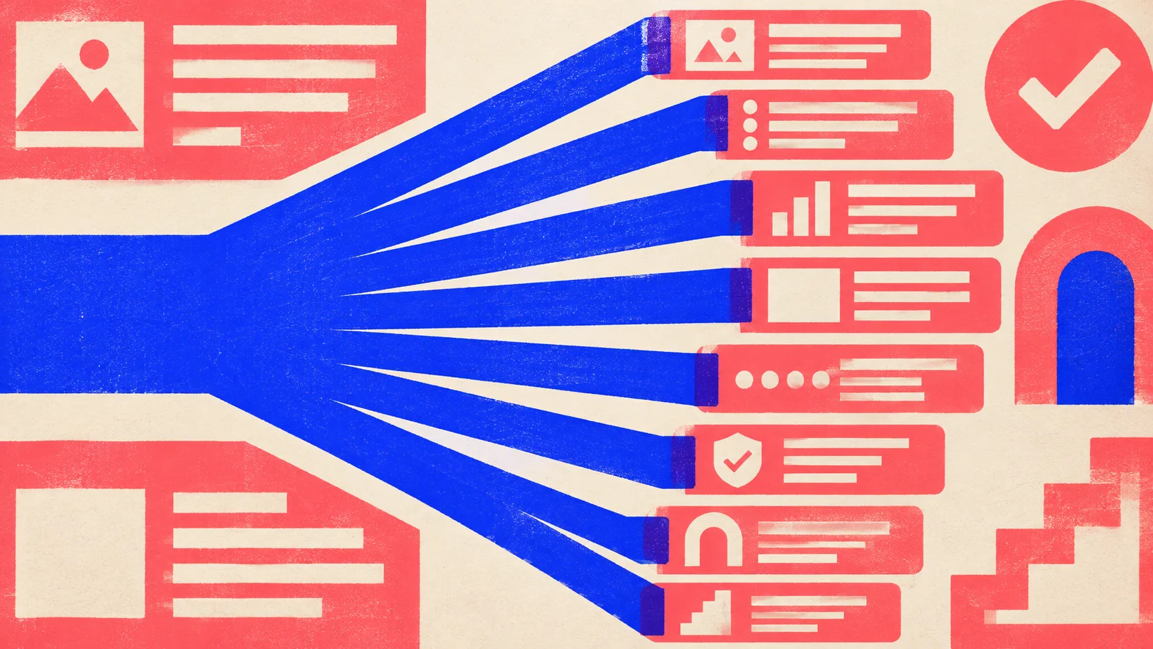 Editorial illustration: one thick input rail splitting into eight diverging spokes, each ending in a separate card, showing one question fanned out into many parallel searches