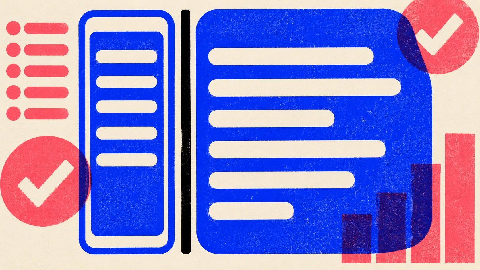 Editorial illustration: two tab panels side by side, the left a thin outline holding a short stack of link bars, the right a solid slab of written prose, showing the split between the ranked results page and the conversational tab