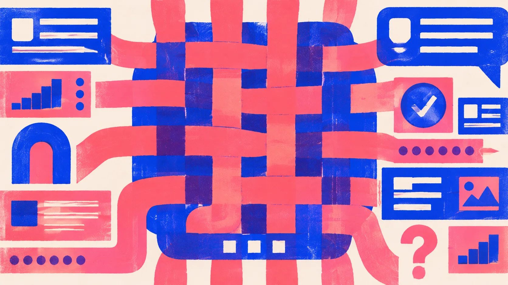 Editorial illustration: many ribbons woven over and under into one dense mat with three small chips along its bottom edge, representing many retrieved passages compressed into one cited answer