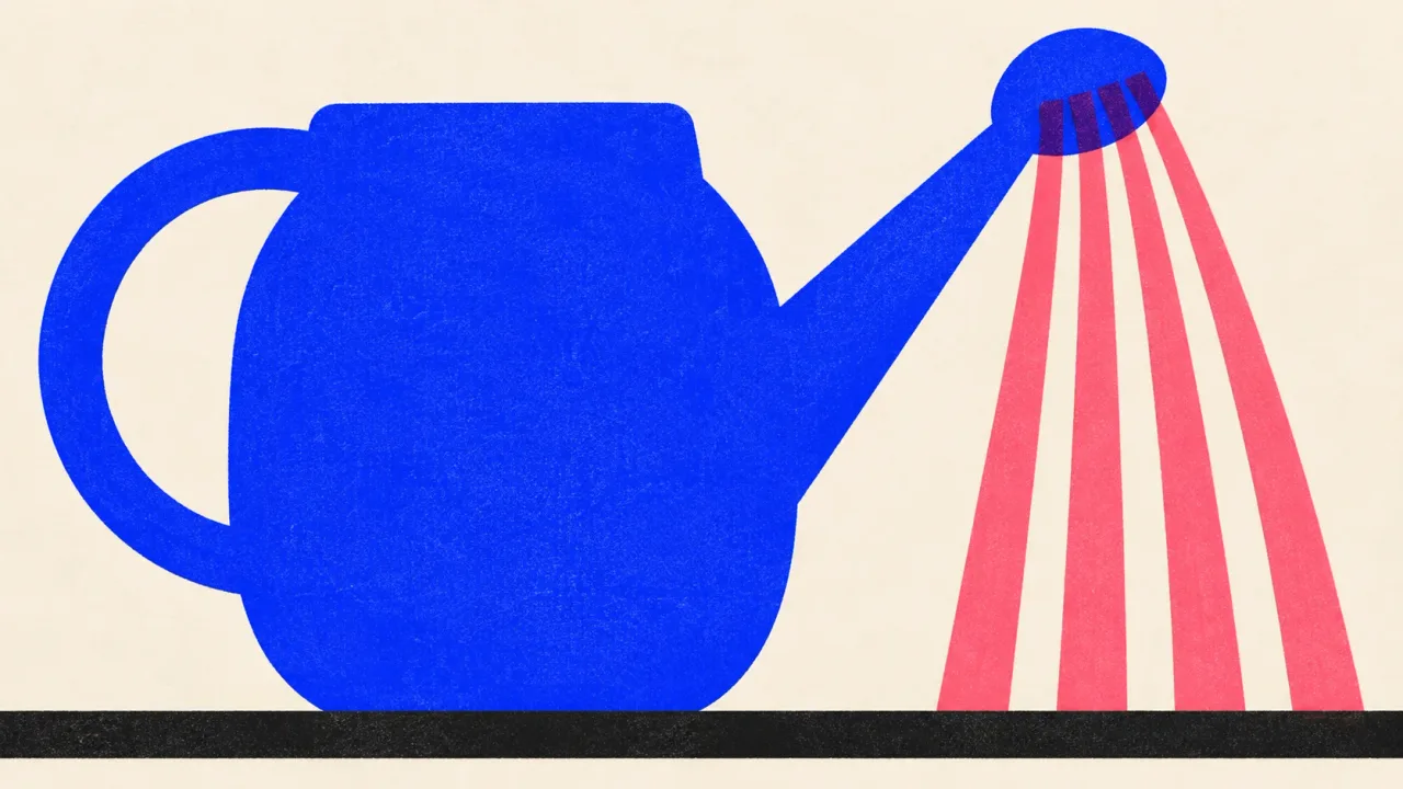 Editorial illustration: a garden watering can pouring separate streams from one spout, standing for one Google search fanned out into several background searches