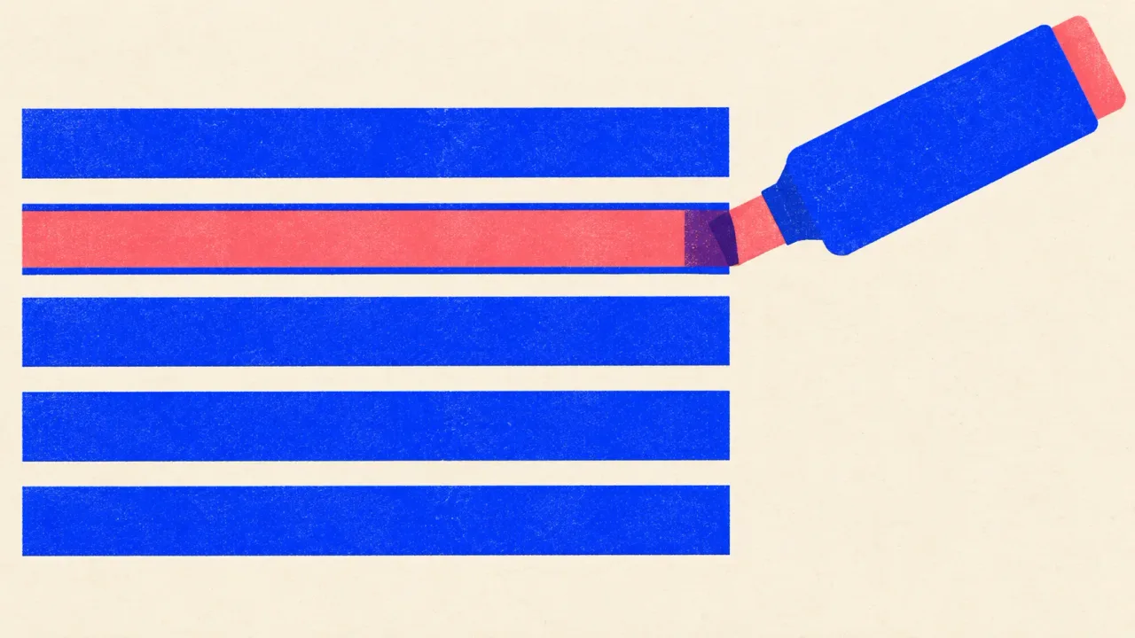 Editorial illustration: a highlighter marking one bar in a stack of five, standing for the single passage Google lifts from a page into an AI Overview