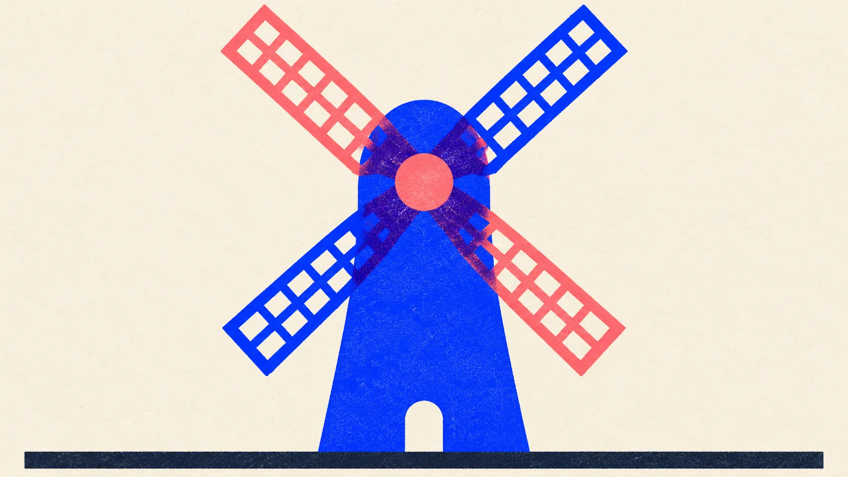 Editorial illustration: a windmill with four sails turning on one hub, standing for one website read by several AI search engines that each pick sources their own way