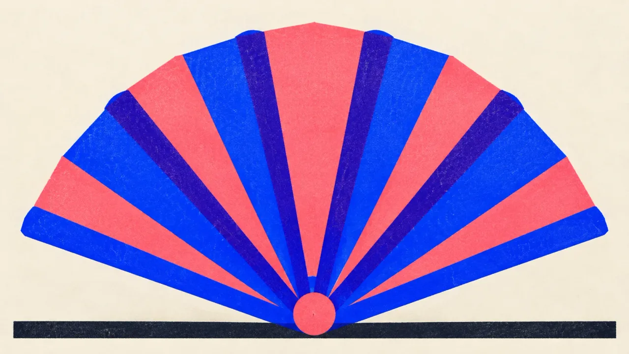 Editorial illustration: an open folding hand fan, its ribs spreading from one pivot, standing for one prompt fanned out into several searches