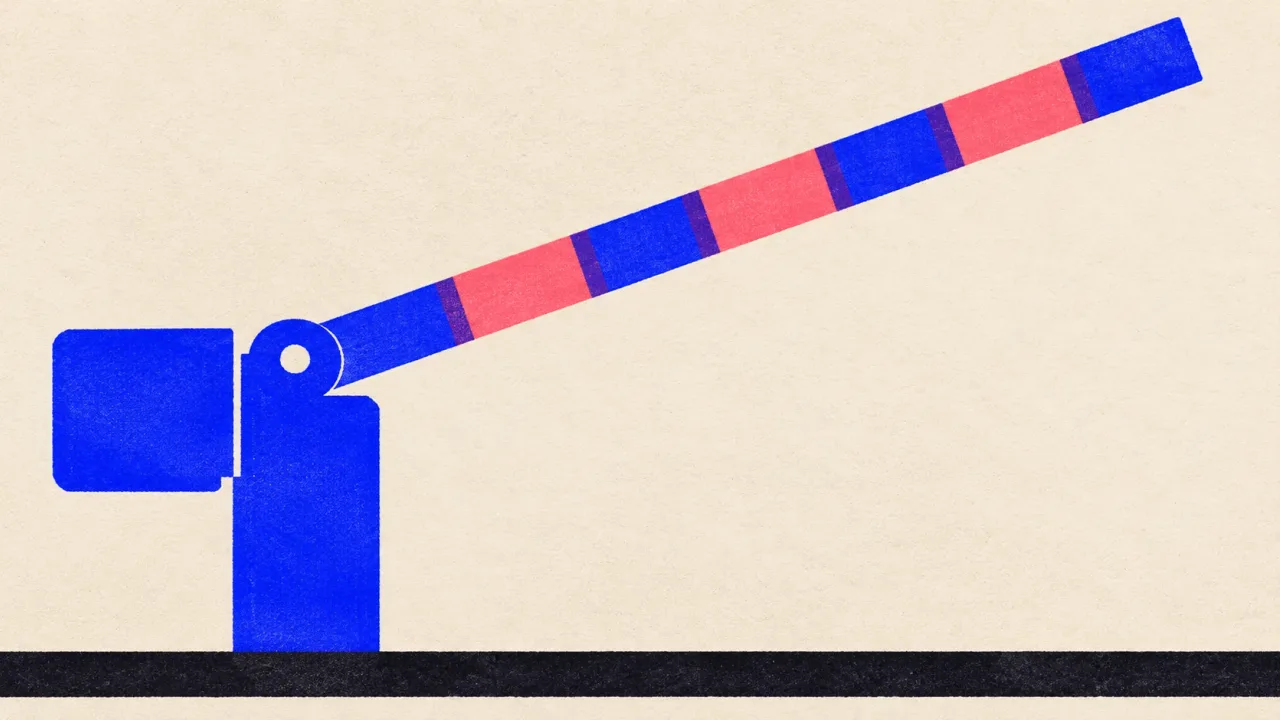 Editorial illustration: a road boom barrier with its striped arm raised, standing for a robots.txt file that lets the ChatGPT search crawler through