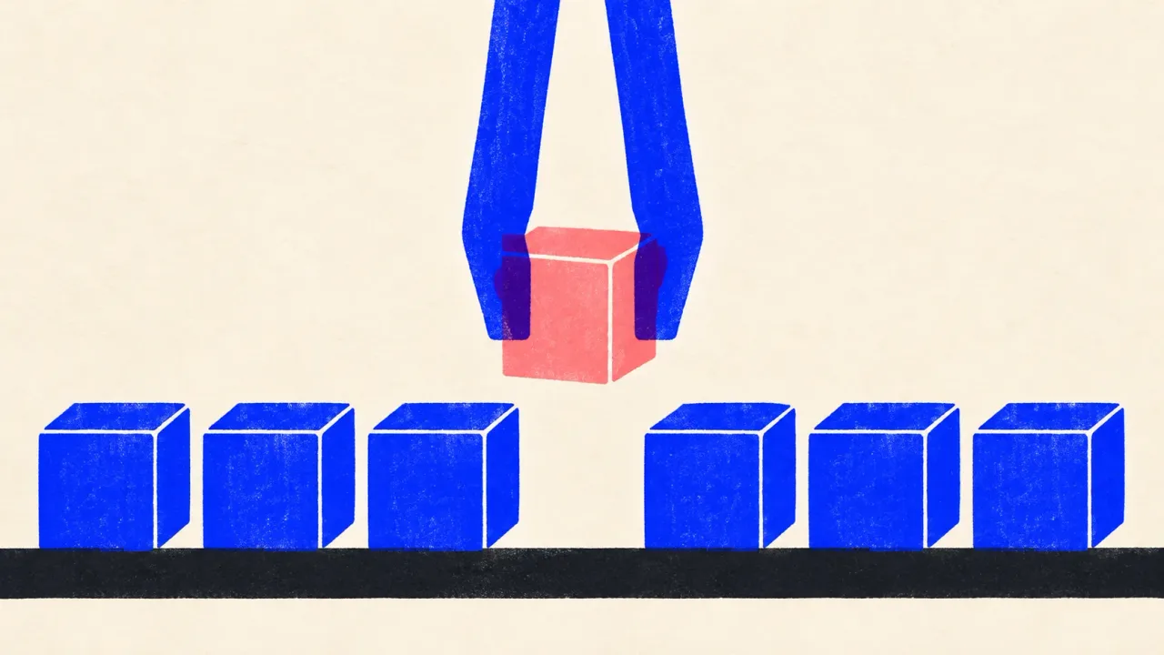 Editorial illustration: kitchen tongs lifting one cube out of a row of identical cubes, standing for the few retrieved pages ChatGPT picks to cite