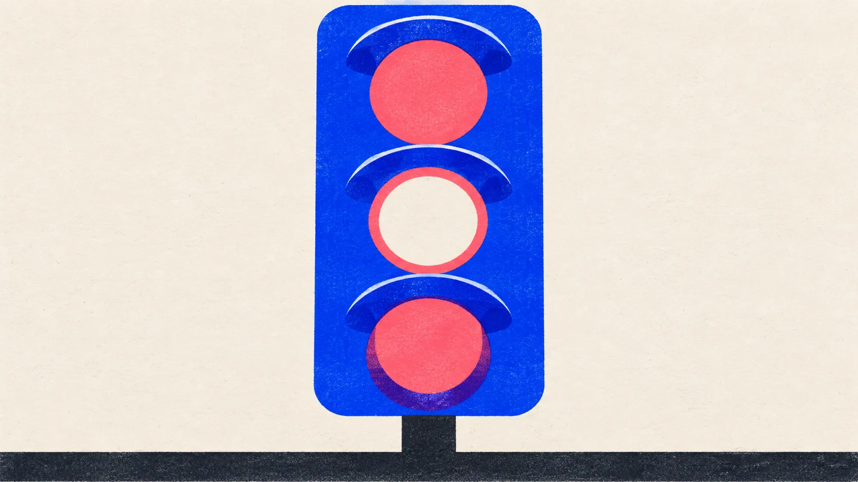 Editorial illustration: a three-lamp traffic light, standing for the SEO jobs to hand to AI, the jobs to check, and the jobs to keep away from it