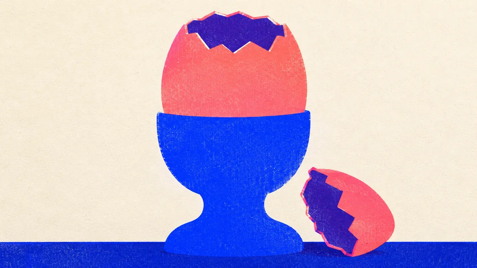 Editorial illustration: a cracked egg in an egg cup that turns out to be hollow, standing for a confident search volume figure with nothing behind it