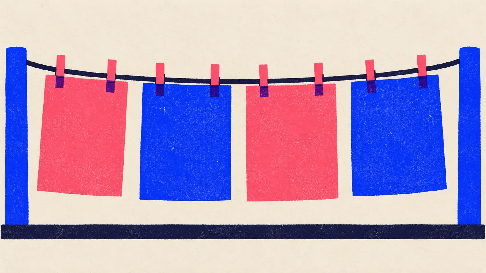 Editorial illustration: four sheets pegged in a row on a clothesline, standing for a weekly AI SEO workflow run one step after another